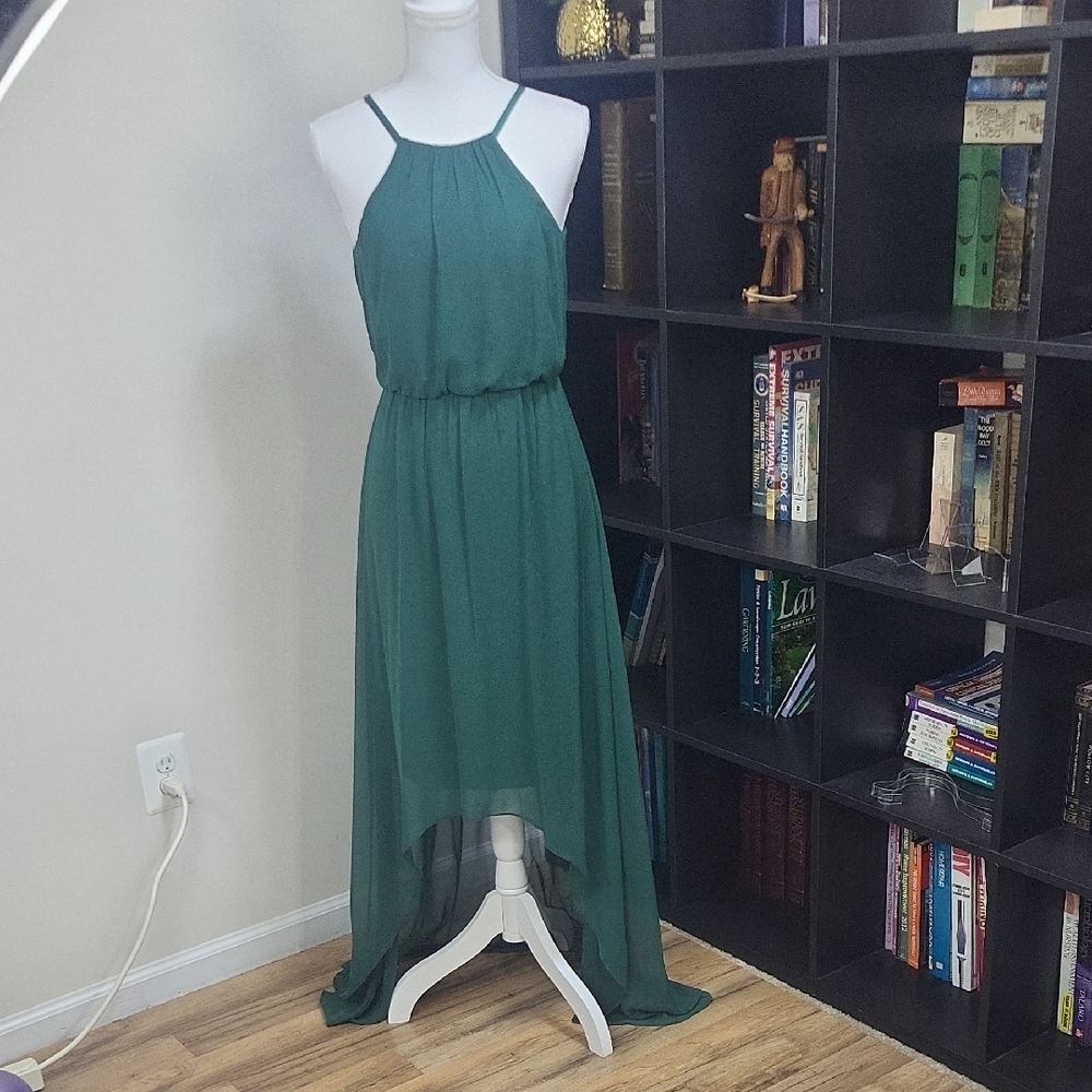 DAVID'S BRIDAL Juniper Green Halter Midi w/ Sheer Chiffon Hi-low Hem Maxi Dress